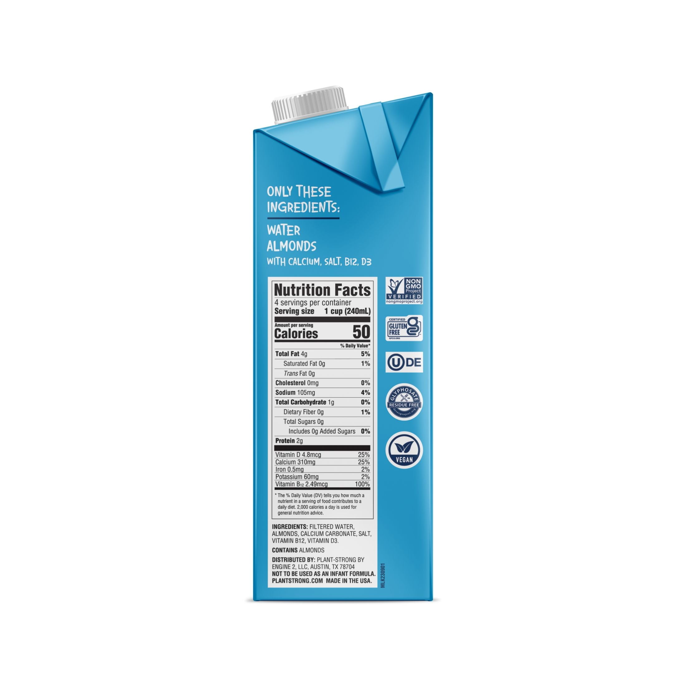 (6 pack) PLANTSTRONG Unsweetened Almond Milk - Whole Fortified Plant Milk - Shelf Stable