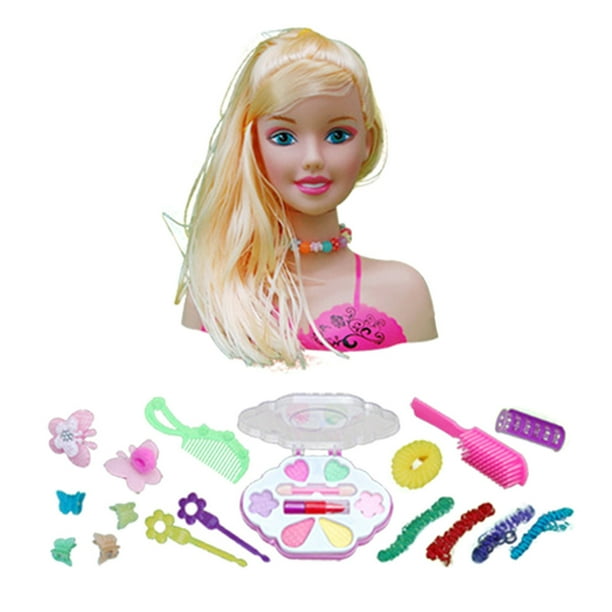 Barbie Doll Head pour les jouets de coiffure, Styling Head Doll avec  sèche-cheveux, miroir, brosse cosmétique, kit de jouets de salon de  coiffure et