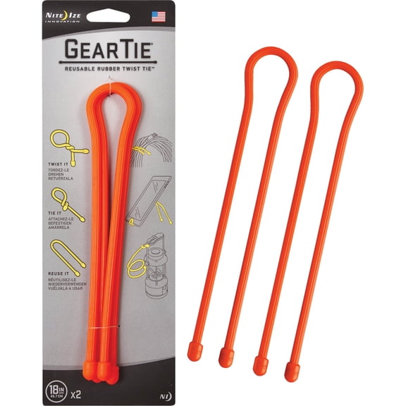 Nite Ize Original Gear Tie, Reusable Rubber Twist Tie, 18-Inch, Bright Orange, 2 Pack, Made in the USA
