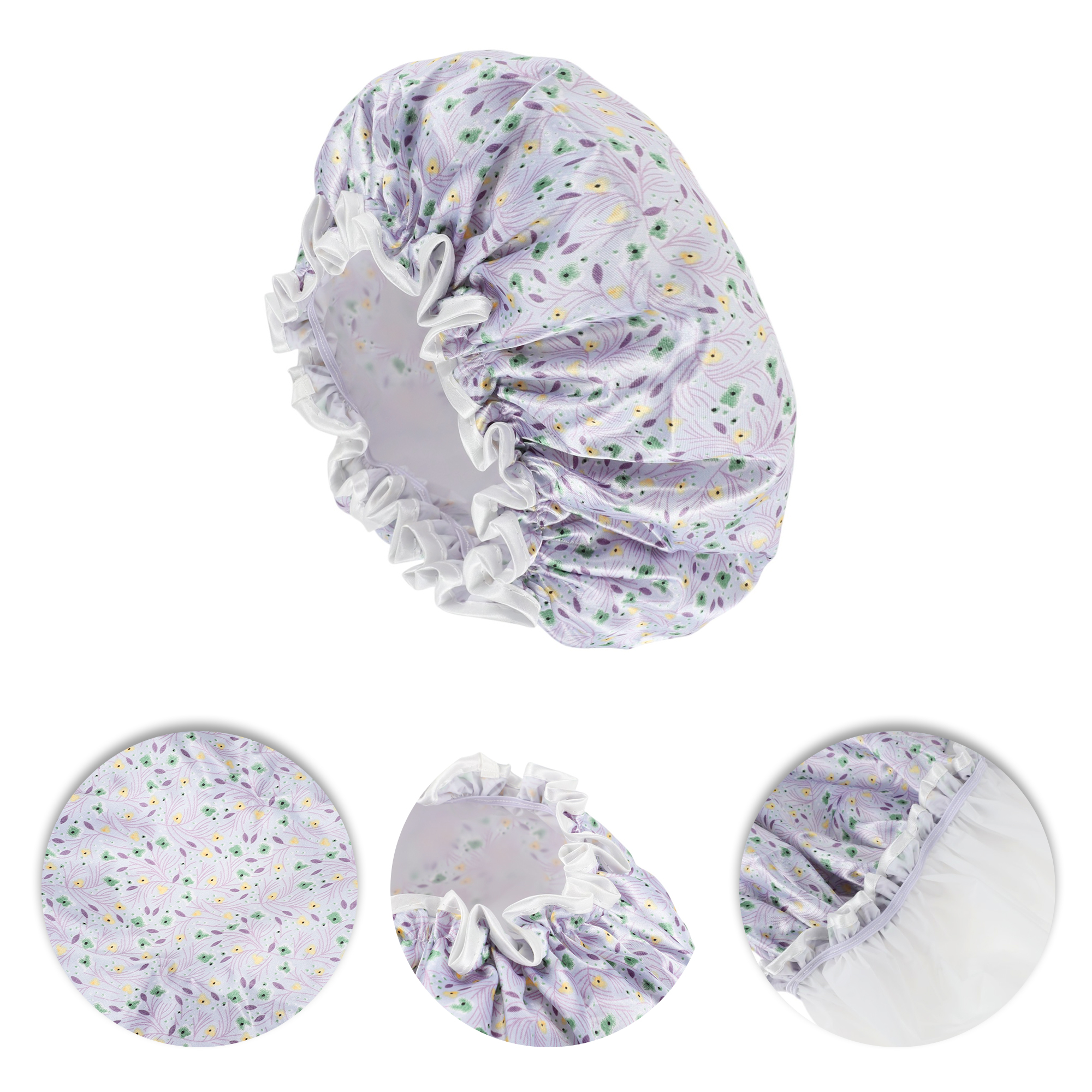 Unique Bargains Women's Small Flower Bath Cap Purple Green 1 Pc