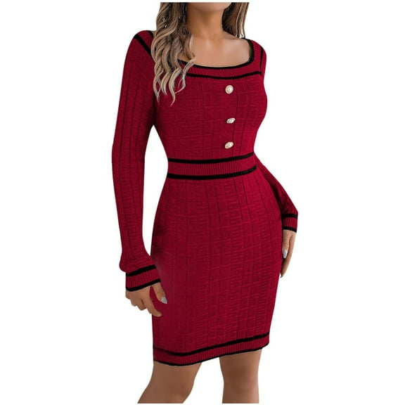 Efsteb Womens Bodycon Dress Long Sleeve Square Neck Knit Sweater Dress Button Elegant Formal Mini Dresses (Wine,L)