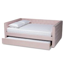 Bowery Hill Pink Velvet Upholstered Full Size Daybed with Trundle