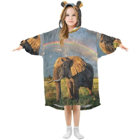 

joogoo Wearable Blanket Hoodie for Kids Elephant with Rainbow Sky Flannel Oversized Sweatshirt 3-14 Years L