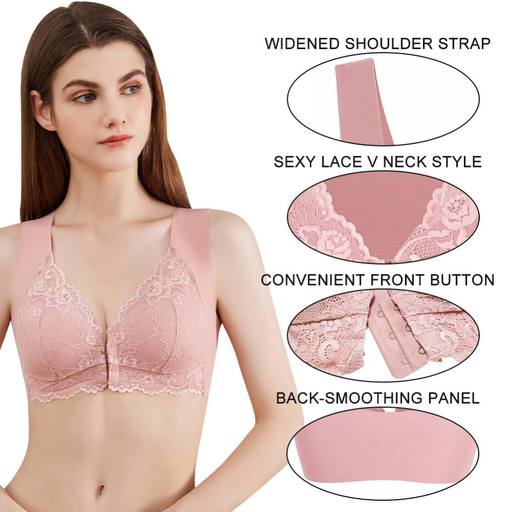 Spdoo Women Plus Size Lace Bra Pink Front Closure Padded Push up Bra