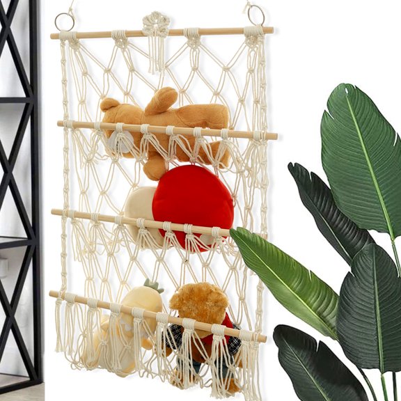 3 Tiers Stuffed Animal Storage with Tassels Wall Mounted Stuffed Animal Hammock Space Saving Wall Organizer for Nursery Kids Girls Boys