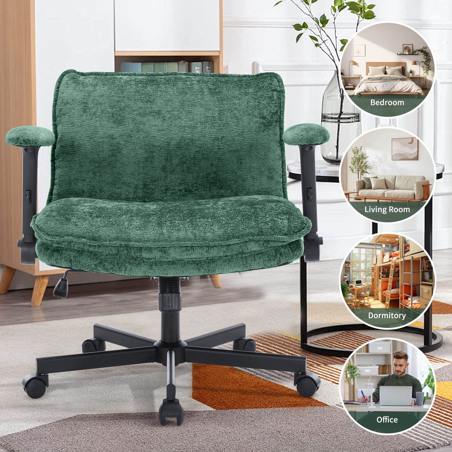 Criss Cross Chair with Wheels and Adjustable Flip-Arms, Cross Legged Office Chair with Thick Cushion, Wide Makeup Vanity Chair, Comfy Swivel Desk Chair for Home Office, Apartment, Bedroom, Green