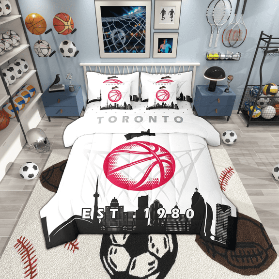 7 Pcs Comforter Set King Size, Basketball Bed in a Bag with Flat Sheet and Fitted Sheet and Adults,Sports Bedding Set with Pillowcase and Sham,Toronto