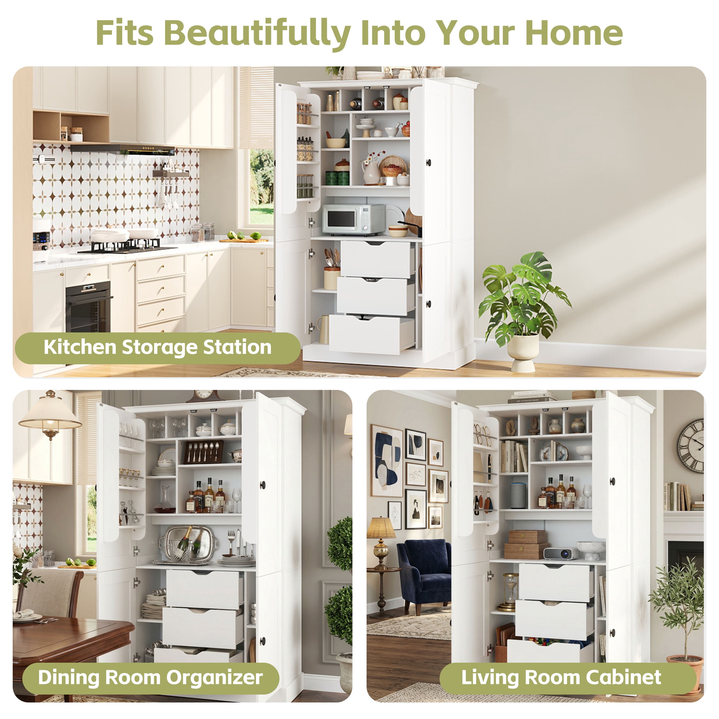 Euroco 70.9" Kitchen Pantry Cabinet with 3 Drawers, Farmhouse Tall Storage Cabinet with 6 Door Shelves, Removable Shelves and 6 Wine Racks,Freestanding Cupboard for Dining Room,White