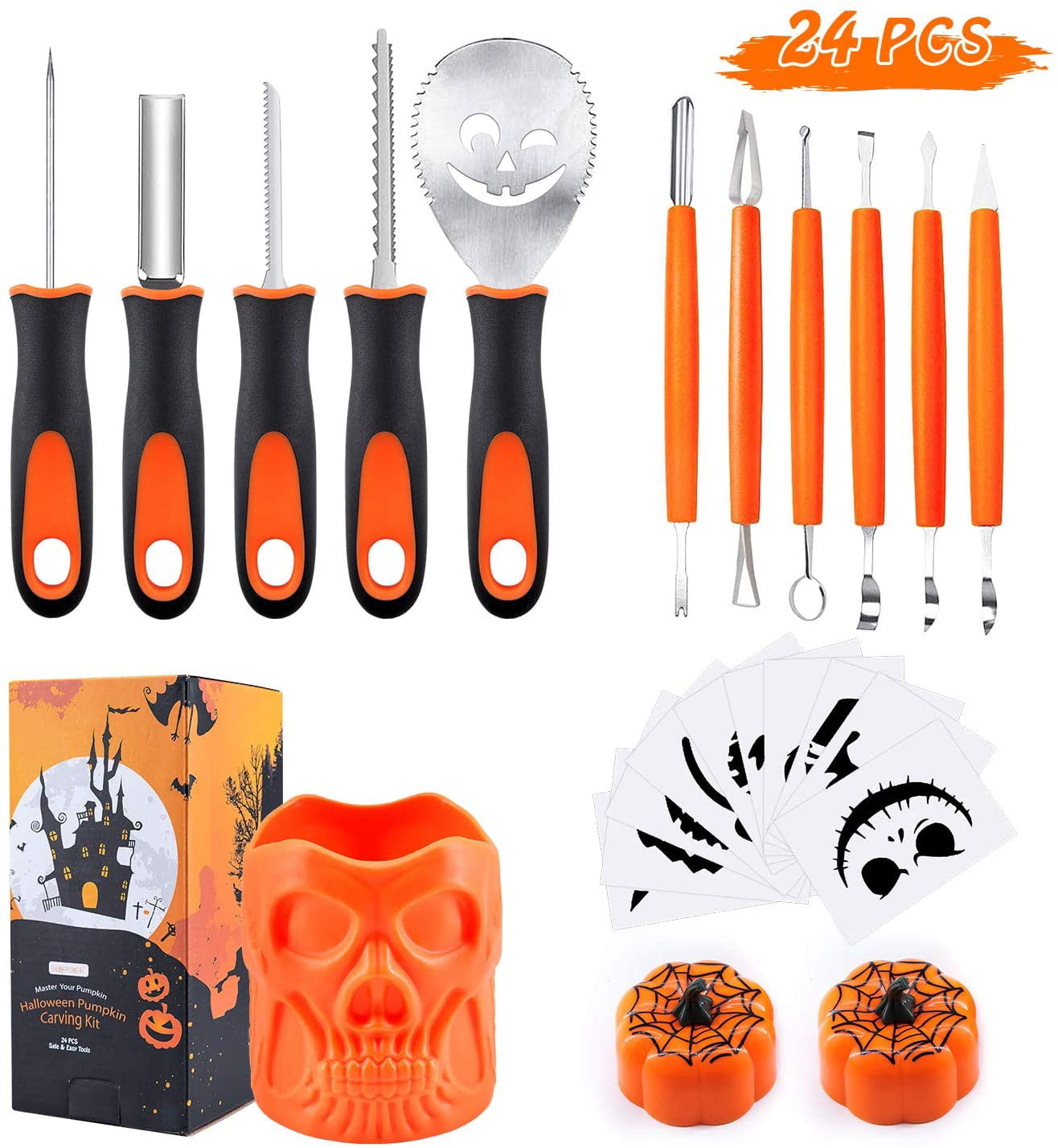 BQYPOWER 24 Piece Professional Pumpkin Cutting Tools Set Heavy Duty Stainless Steel Carving Tools for Pumpkin Jack-o-Lanterns with Orange Storage Bucket Pumpkin Lanterns Halloween Pumpkin Carving Kit