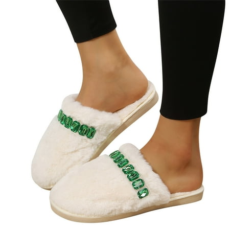 

Daznico Slippers for Women Ladies Solid Color Plush Rhinestone Decorative Closed Toe Flat Casual Cotton Slippers (Color: Green Size: 9 )