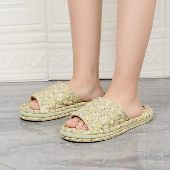 workcargo Women's Soft Cloth Quilted Floral Open Toe House Slippers - Non-Slip, Lightweight, Free Size, Green - Ideal for Home, Lounging & Gifting