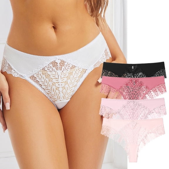 Siminsem Women’s Seamless No Show Thong Underwear Lace Trim Breathable Panties Stretchy Low Rise Ladies Soft Silky Cotton Liner T Back Daily Wear 4 Pack, Pink,L
