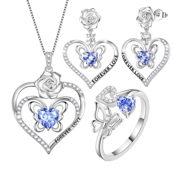 Beautlace Rose Heart Birthstone Jewelry Set,December Birthstone Rose Butterfly Heart Necklace/Earrings/Ring Set,18K White Gold Plated Jewelry Birthday Christmas Mother's Day Gifts for Women Mom Wife