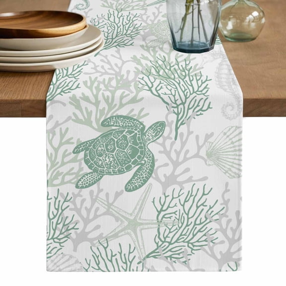 Green Coastal Table Runner, Sea Turtle Nautical Coral Summer Beach Washable Cotton Linen Table Runners 90 Inches Long, Dresser Scarf Runner for Dining/Coffee/Kitchen/Hallway Tables 13''x90''