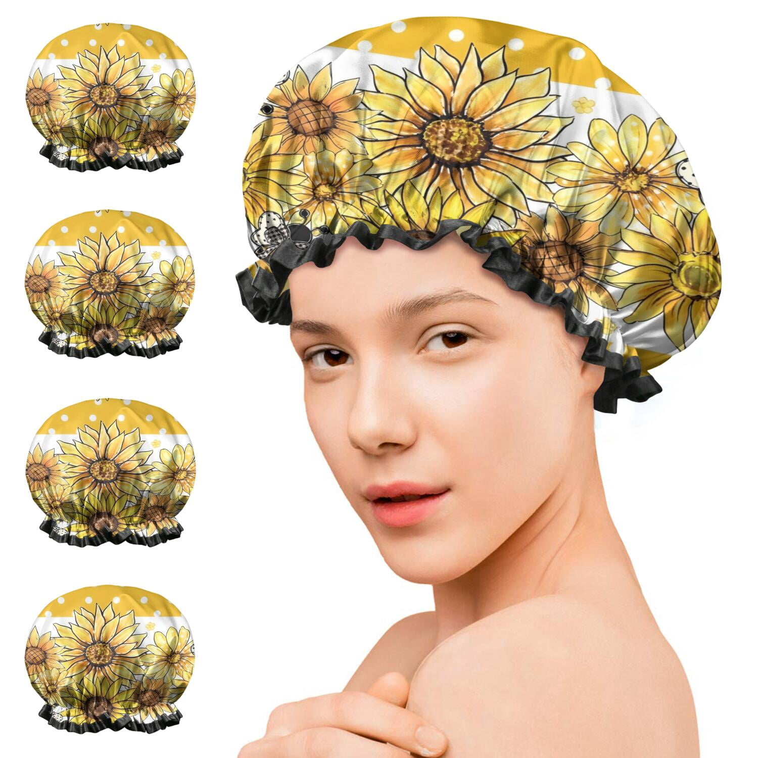 Shower Caps,Yellow Dot Sunflower Bee Pattern Waterproof Shower Cap for Women 4 Pieces,Double Reusable Hair Cover for Shower PEVA Elastic Stretch Hem