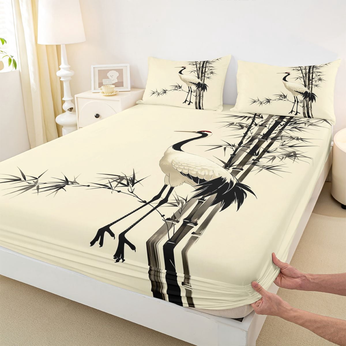 Manfei Ink Crane Queen Sheet Sets for Teens, Bamboo Bed Set, Beige Black White 4pcs, 1 Flat Sheet, 1 Fitted Sheet and 2 Pillowcases