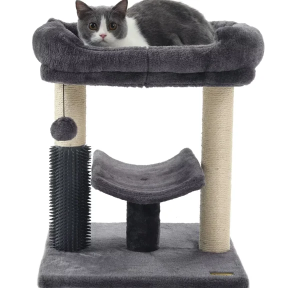 QUIOCOZY 20" Cat Tree Tower for Indoor Cats with Scratching Post, Cozy Perch, Self-Grooming Brush and Interactive Dangling Ball, Dark Gray