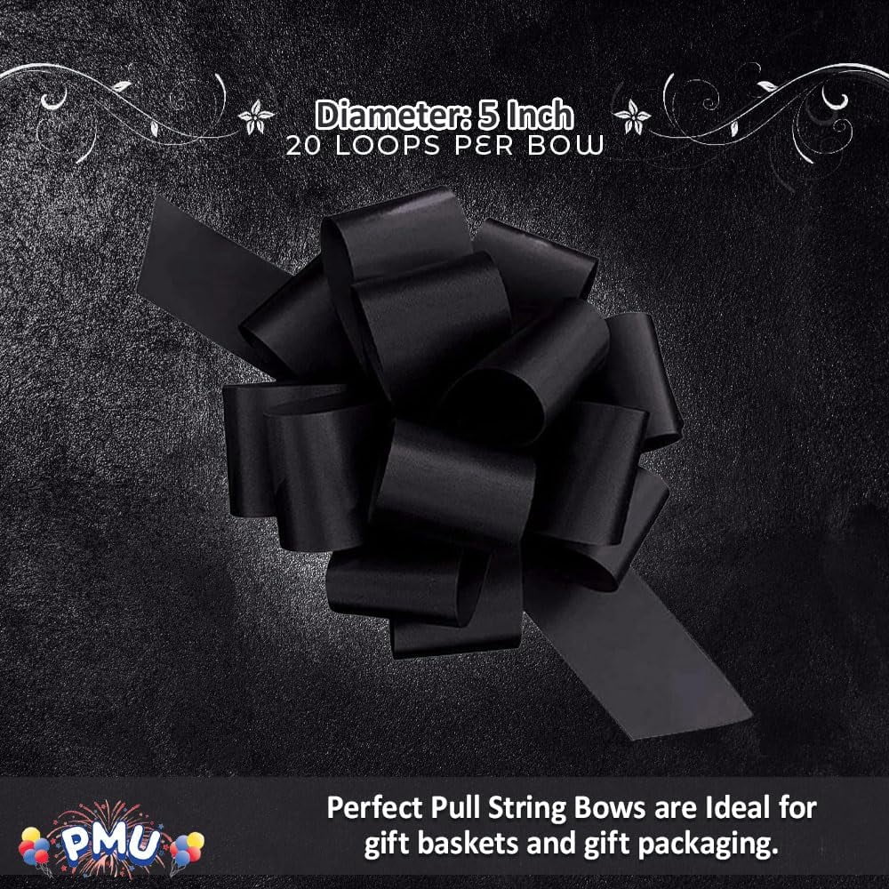 PMU Pull String Bows - Gift Bows for Wedding, Birthdays & Anniversaries - Ribbon Bows for Flowers & Basket Decoration - Large Bow for Gift Wrapping - 5 Inch 20 Loops Black - (1/pkg)Pkg/1