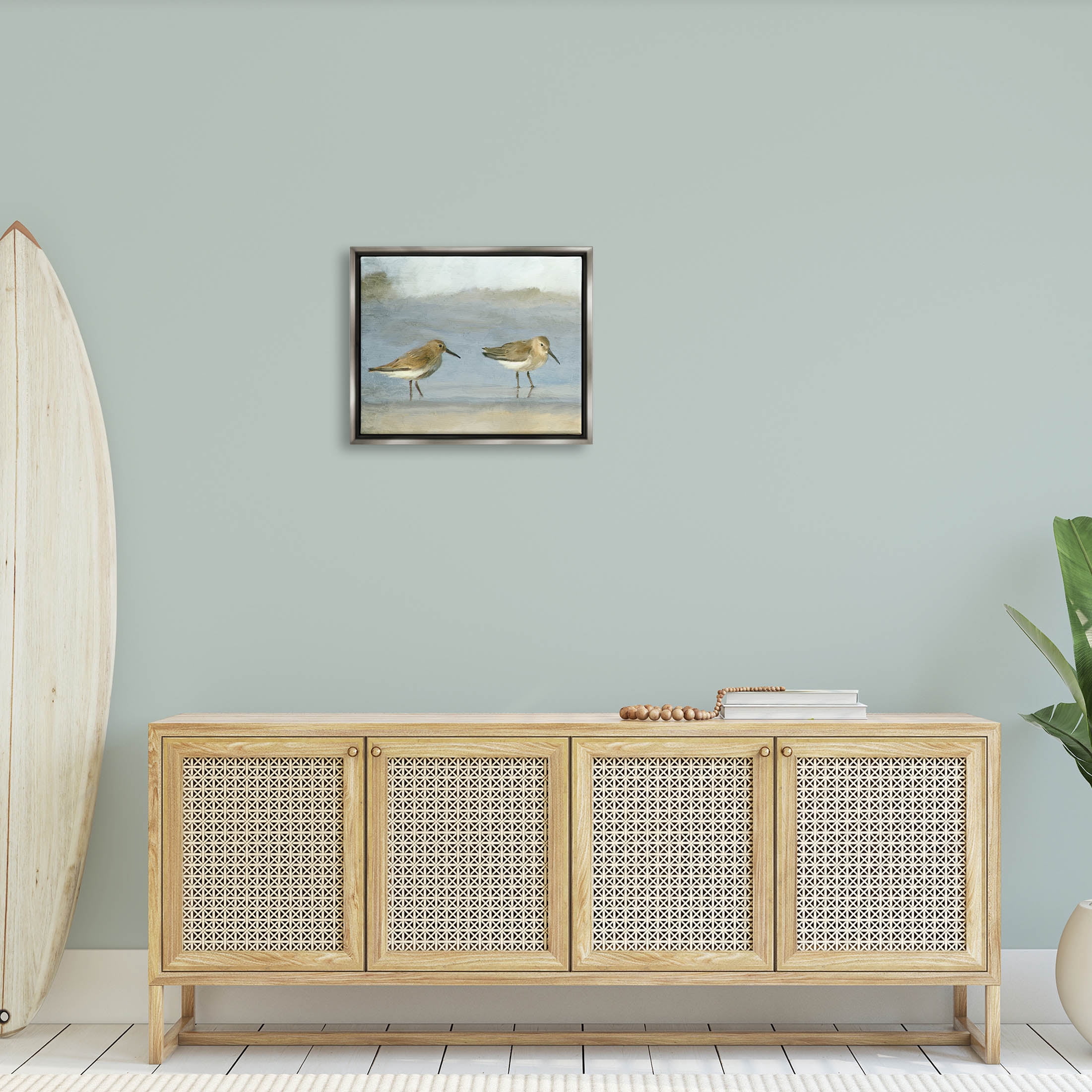 Stupell Industries Two Sandpipers Stepping Beach Shore Painting Luster Gray Floating Framed Canvas Print Wall Art, Design by Kim Allen