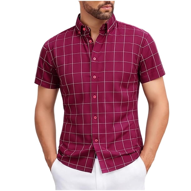Mens Casual Manga Corta Botón Abajo Camisas Sueltas Botones a Ajedres Cuello Turndown Blusa Camisa para Verano / Primavera Al Aire Libre Casual Diario