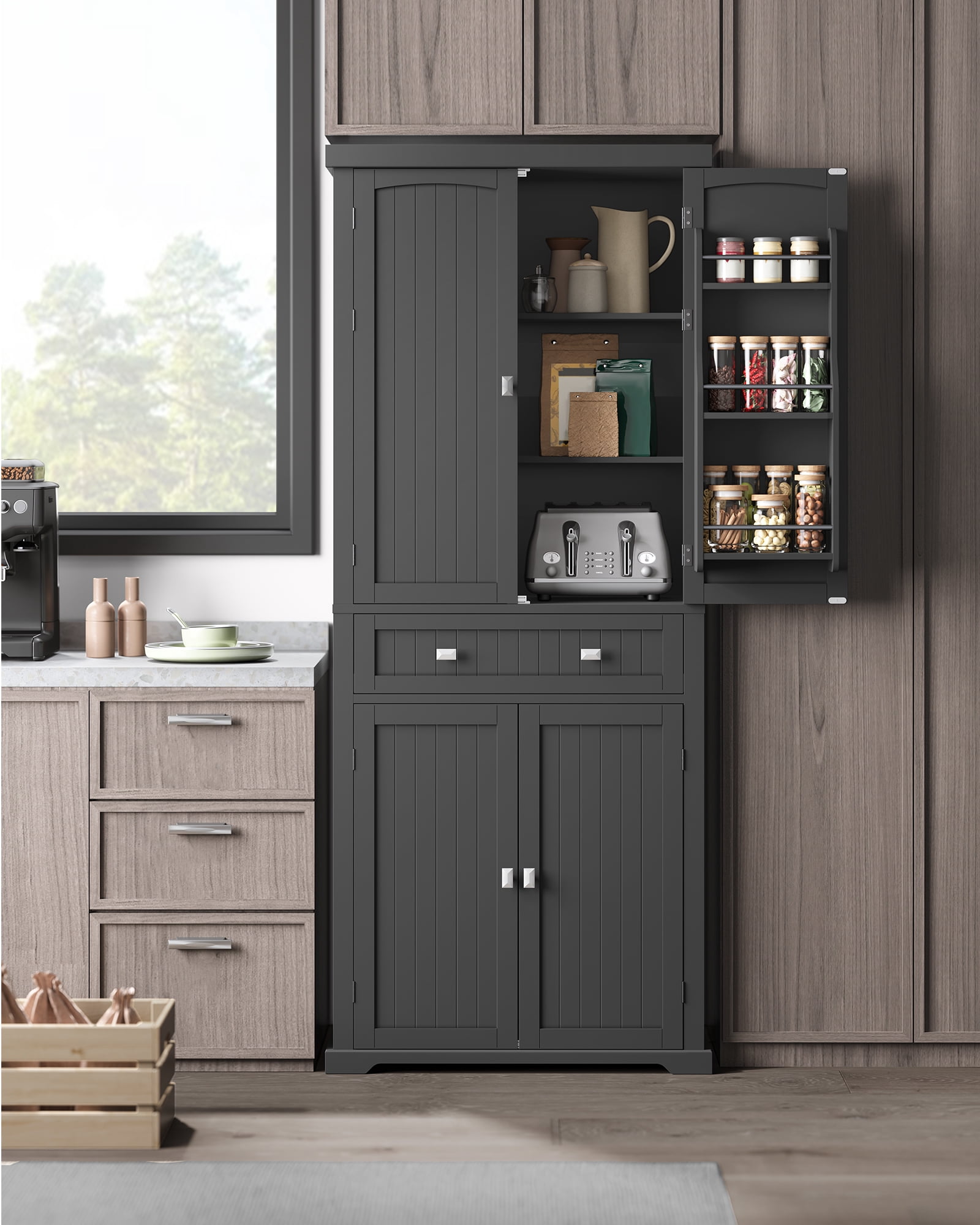 VASAGLE Pantry Cabinet, 71.7 " Kitchen Pantry Storage Cabinet Tall Freestanding Cupboard with 1 Drawer 6 Hanging Shelves for Dining Room Laundry, Black