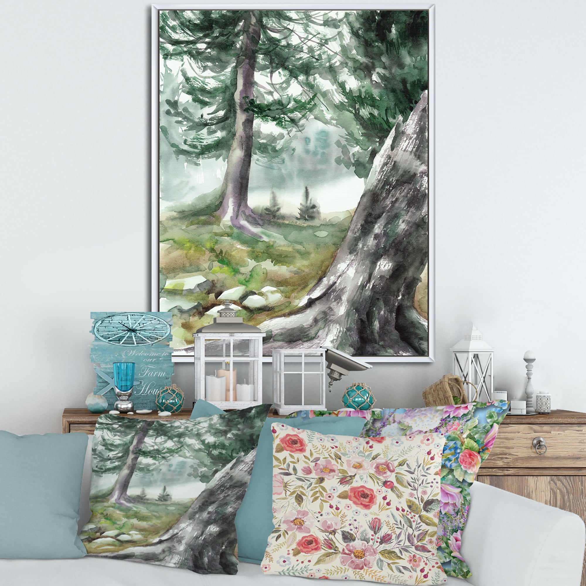 Pine Forest In The Early Morning Glow 24 in x 32 in Framed Painting Canvas Art Print, by Designart