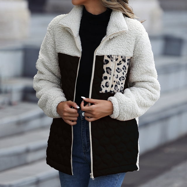 Babysbule 2023 Manteaux d'Hiver pour Femmes Veste en Peluche Décontractée à Manches Longues Col Rond Ample Patchwork Fermeture Éclair Double Face