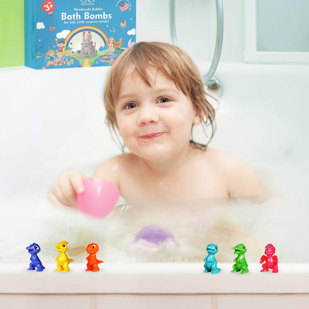 Bath Bombs for Kids with Surprise Inside Cool Microsaurus Toys Handmade in USA Natural and Safe by Relaxcation