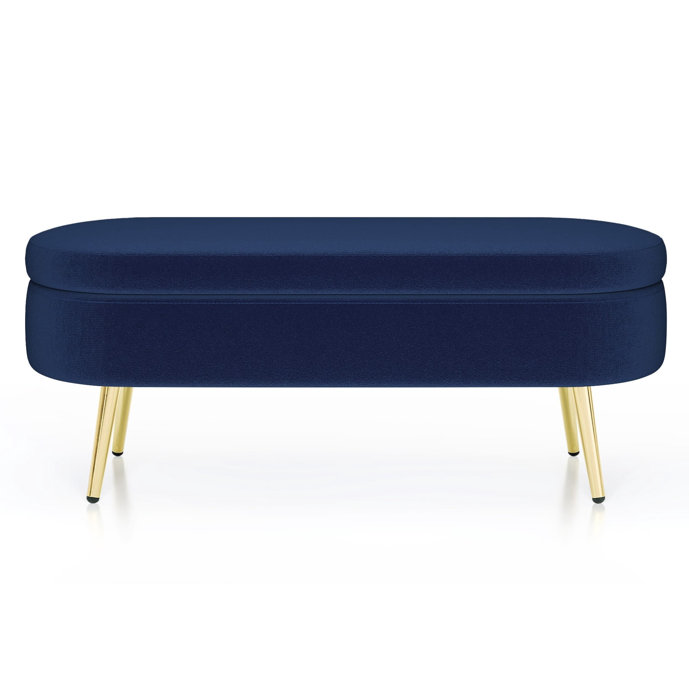 Noble House Dyani 43" Oval Flannel Storage Ottoman Bench, Upholstered Footrest with Metal Legs, Dark Blue