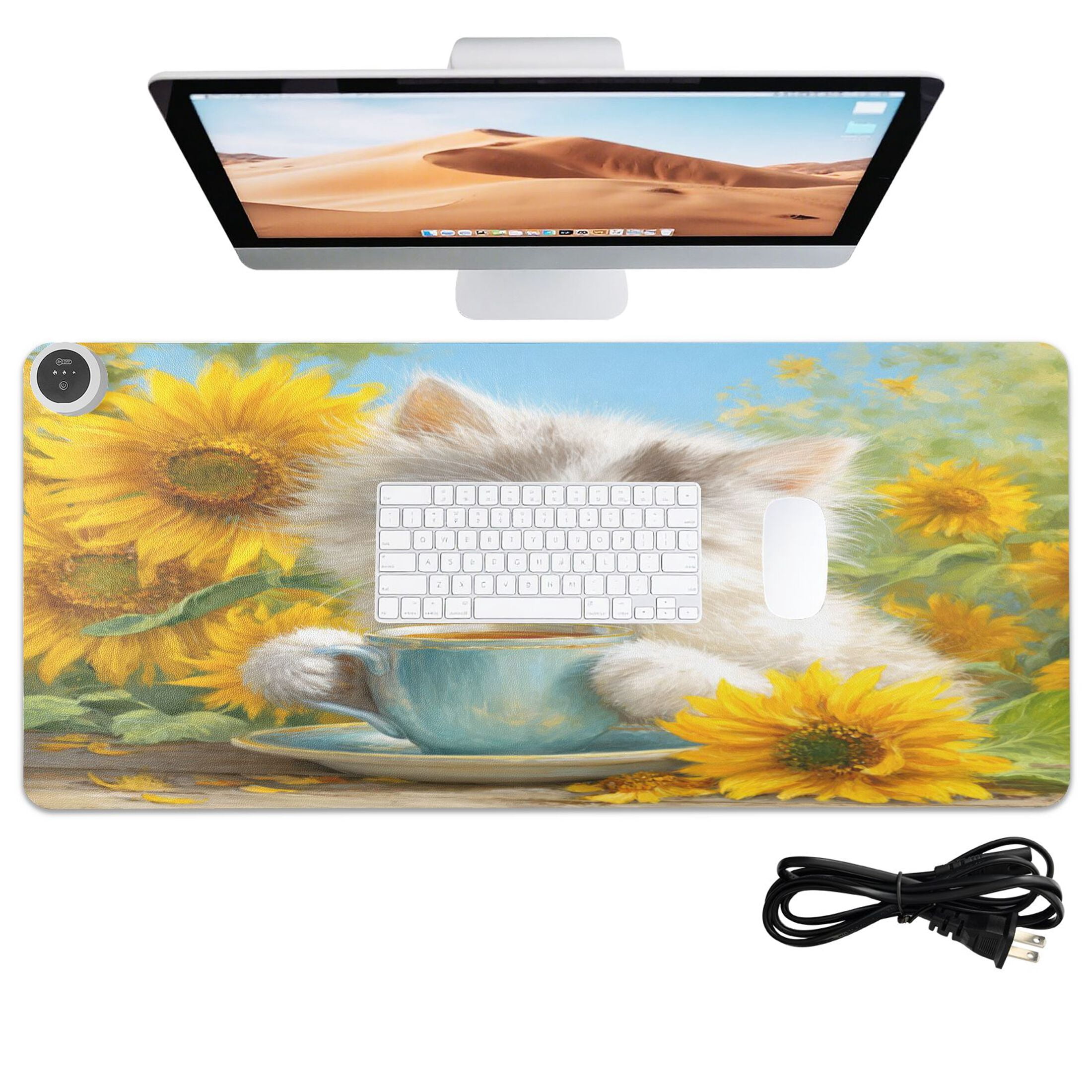 Large Heated Desk Mat Mouse Pad 31.5"x13"PU Leather Graphene Heating Desk Warmer with 3 Temperature Settings 110V US Plug Non-Slip Warm Pad for Home, Office, and Gaming Elegant Blue-eyed White Cat