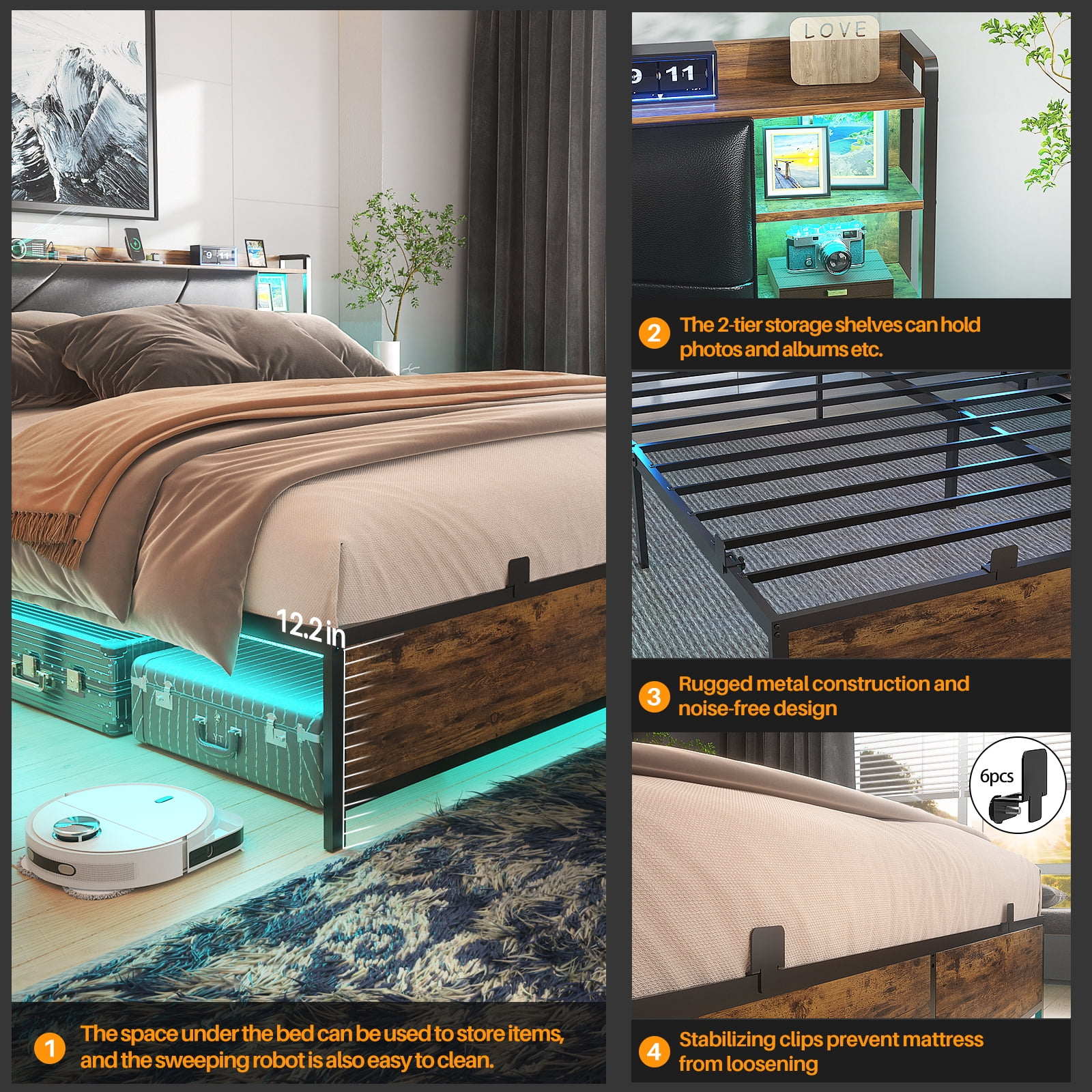 Homieasy King Size Bed Frame with USB Charging & RGB LED Lights, Upholstered Headboard, Metal Slats, No Box Spring, Easy Assembly,Rustic Brown