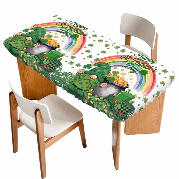 St Patricks Day Table Cloths for 4 Foot Rectangle Tables, Green Shamrock Spring Rainbows Gnomes Patio Waterproof Elastic Fitted Tablecloths, Washable Rectangular Table Cover for Camping