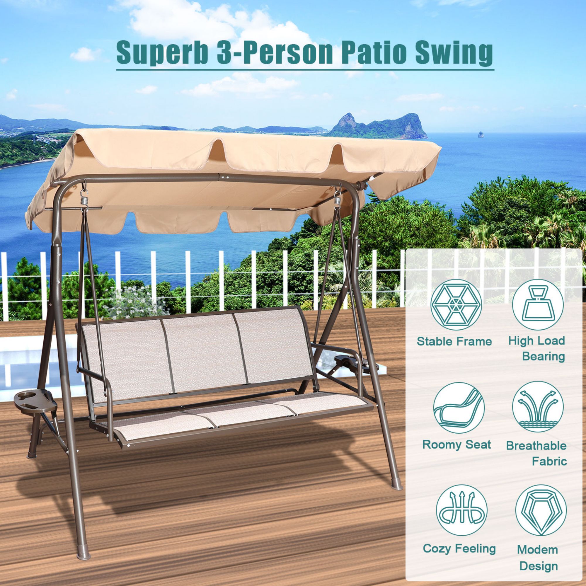 3 Person Beige Patio Swing Seat with Adjustable Canopy, All Weather Resistant Hammock Swinging Chair Bench - image 2 of 11