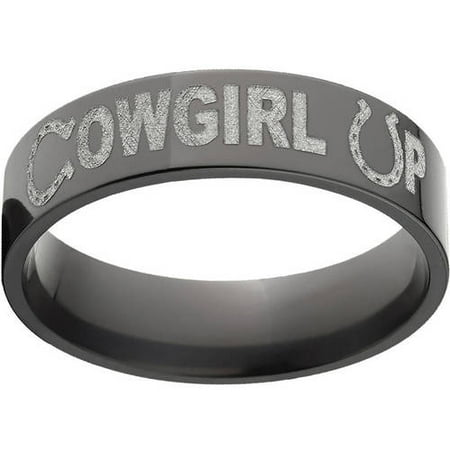 6mm Flat Black Zirconium Ring with Cowgirl Up Laser Design