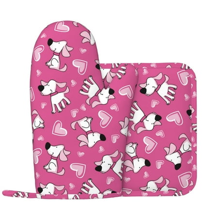 

Oven Mitts and Pot Holders Sets - Pink love dog Heat Resistant Silicone Oven Gloves (Left Glove) with Non-Slip Silicone Surface and hot pads for kitchen Baking Cooking