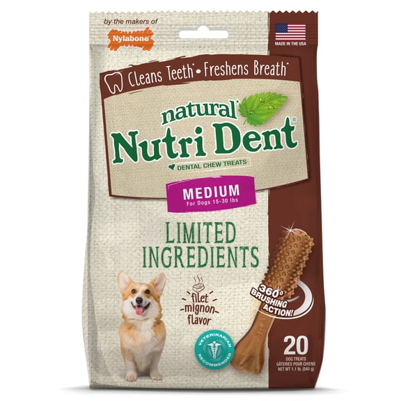 Nylabone Nutri Dent Natural Dental Chews for Dogs, Limited Ingredient Dog Treats, Teeth Cleaning Dental Sticks for Dogs, Filet Mignon Flavor, For Medium Dogs (20 Count)