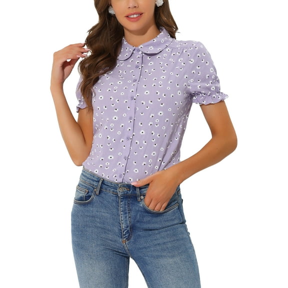 INSPIRE CHIC Valentine's Day Women's Frilled Tops Bubble Sleeves Peter Pan Collar Floral Print Cotton Blouses XXL Purple White