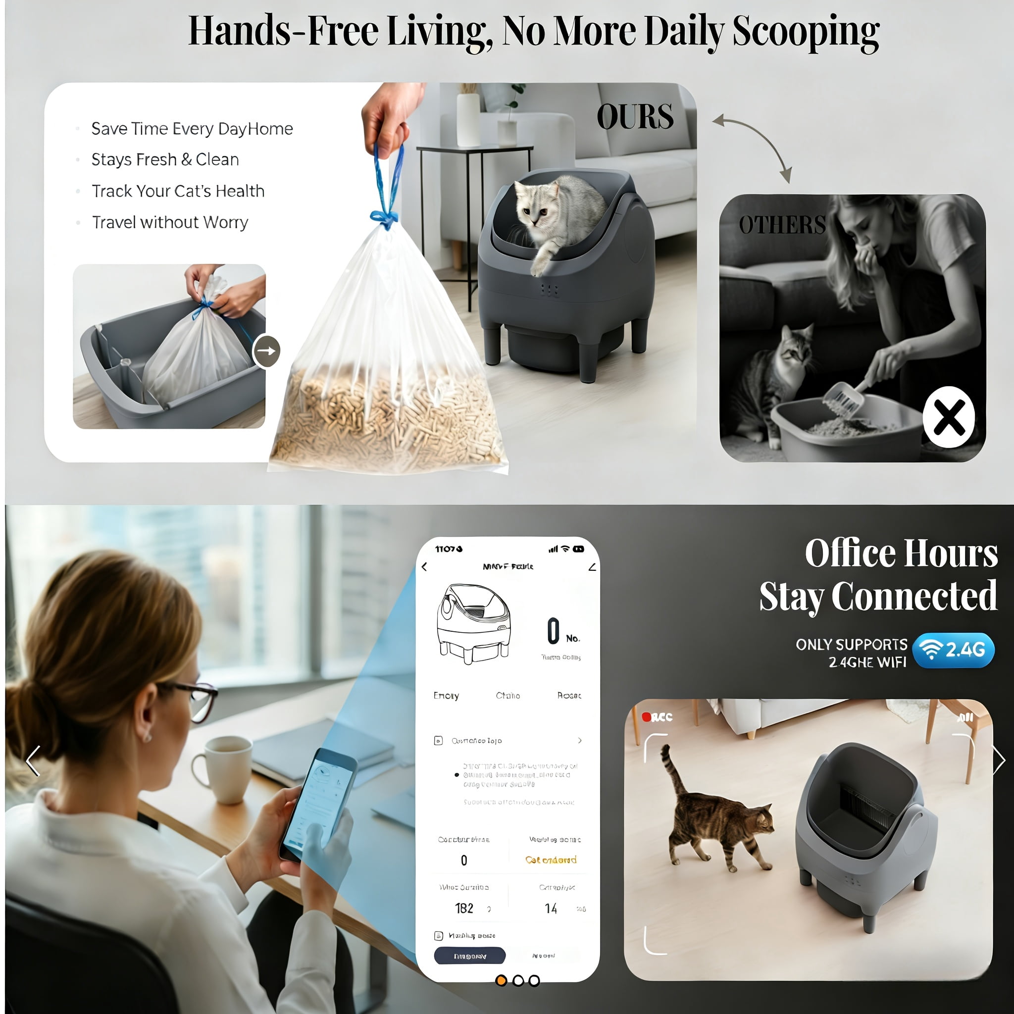 3.43 Gal Extra Large Gray Self Cleaning Cat Litter Box, 2.4G Wifi Automatic Kitty Litter Boxes, Double Odor Removal Safety Protection With App Control, Contain 1 Rolls Liners Bags, 1 Cat Litter Mat