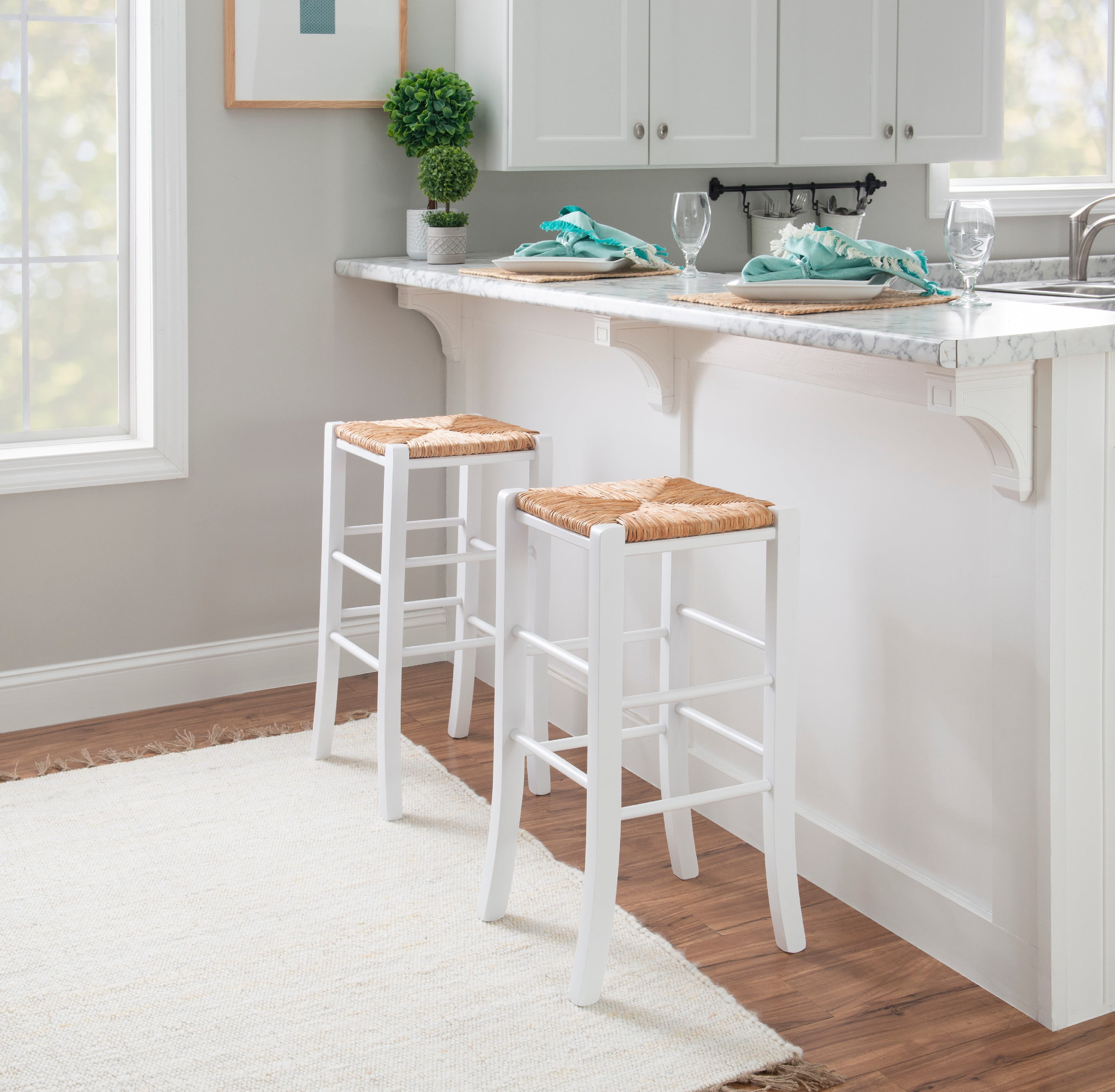 Linon Ivica 29" Backless Bar Stools, Set of 2, Classic White with Handwoven Rush Seat