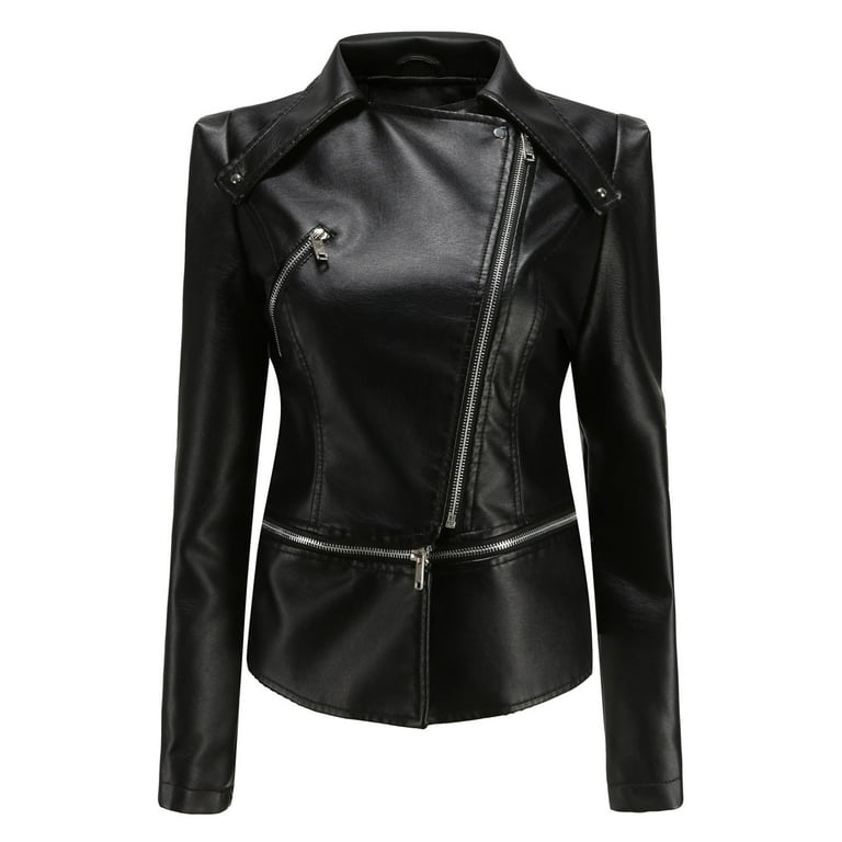 vbnergoie Women Cool Leather Jacket Long Sleeve Zipper Fitted Coat Fall Short Jacket Black Jacket for Fall Women Womens Zip Sweater