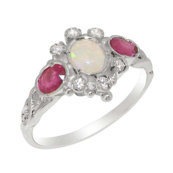 LBG English Made 18k White Gold Natural Opal Ruby Diamond Womens Anniversary Ring - Size 5