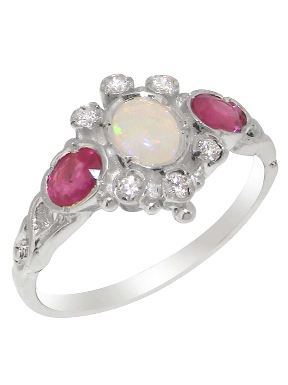 LBG English Made 18k White Gold Natural Opal Ruby Cubic Zirconia Womens Statement Ring - Size 6.75
