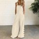 thumbnail image 2 of Gibobby pantalones siameses color liso Mono sin mangas para mujer, mono informal liso de verano, pantalones con pechera de pierna ancha, mono de pierna ancha con botones, mono(Beige， XXXXL), 2 of 5