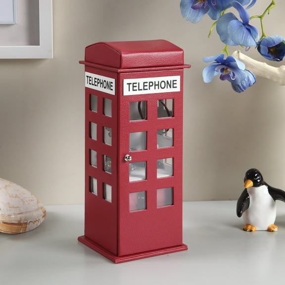 11.5" in British Burgundy Red Telephone Booth, Leather Jewelry Box