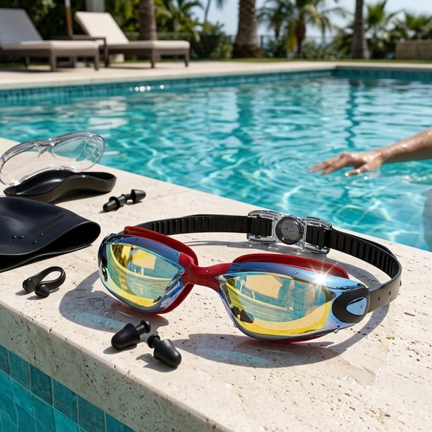 Juego de 5 piezas de gafas y gorro de natación para hombres y mujeres adultos para piscina. Rojo