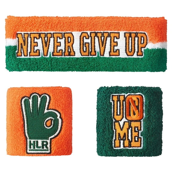 John Cena Never Give Up Green Orange 15x Headband Wristband Set