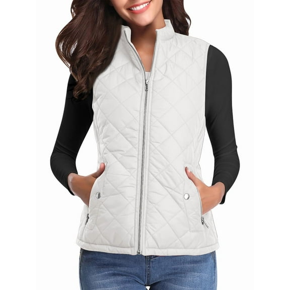 Women'S Stand Collar Zipper Padded Quilted Vest with Pockets White XXL
