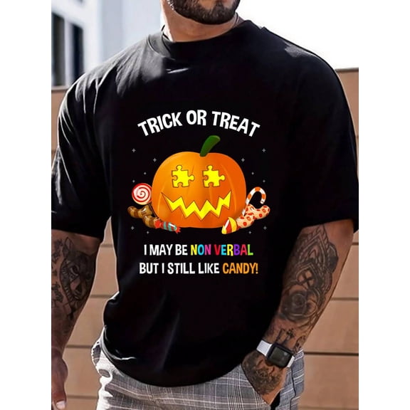 100% Cotton Halloween Non Verbal Trick Or Treat T-Shirt T-Shirt Street Hip-Hop Style Men's T-Shirt