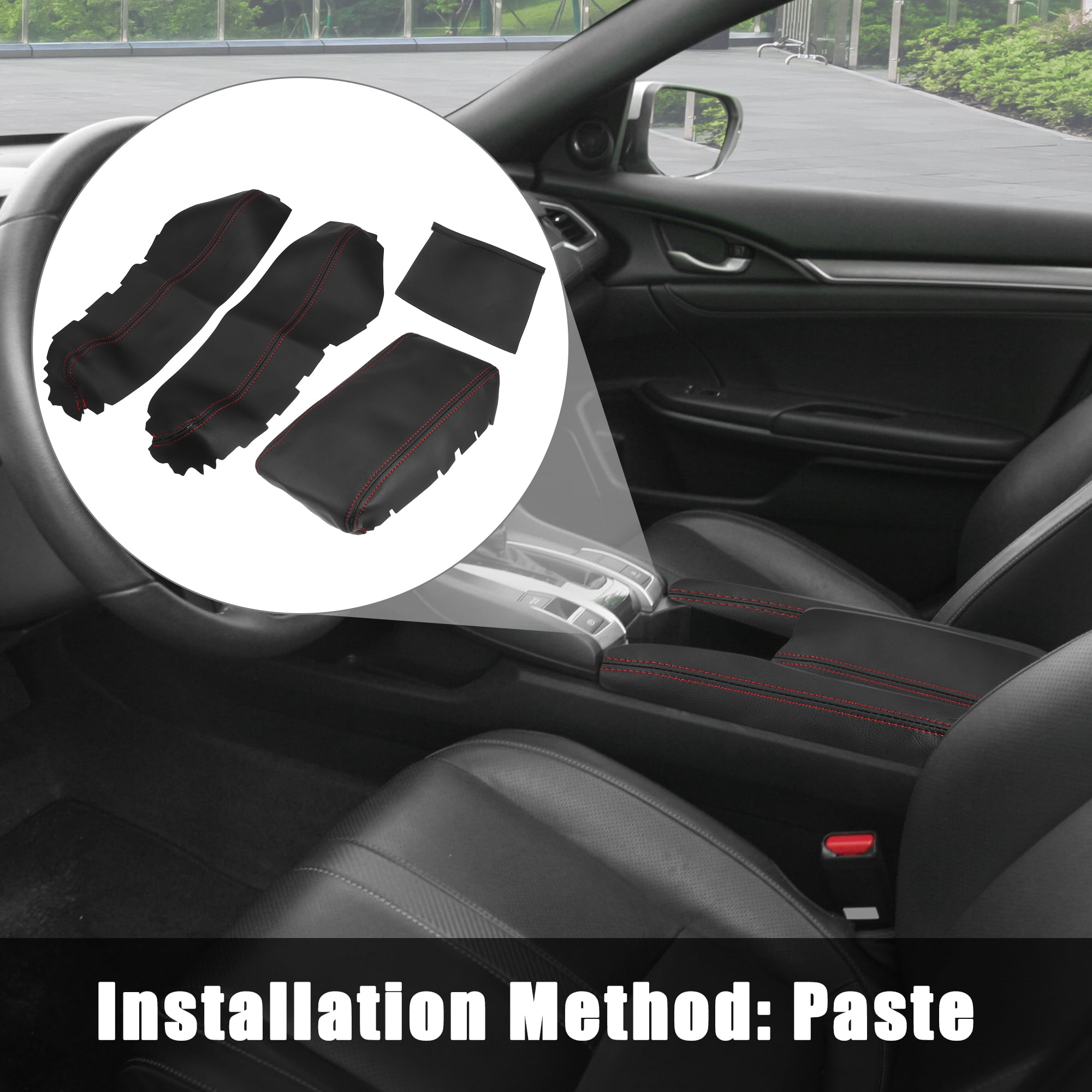Unique Bargains 3Pcs/Set Armrest Cover for Honda Civic 10th Gen 1620 Black with Red Line