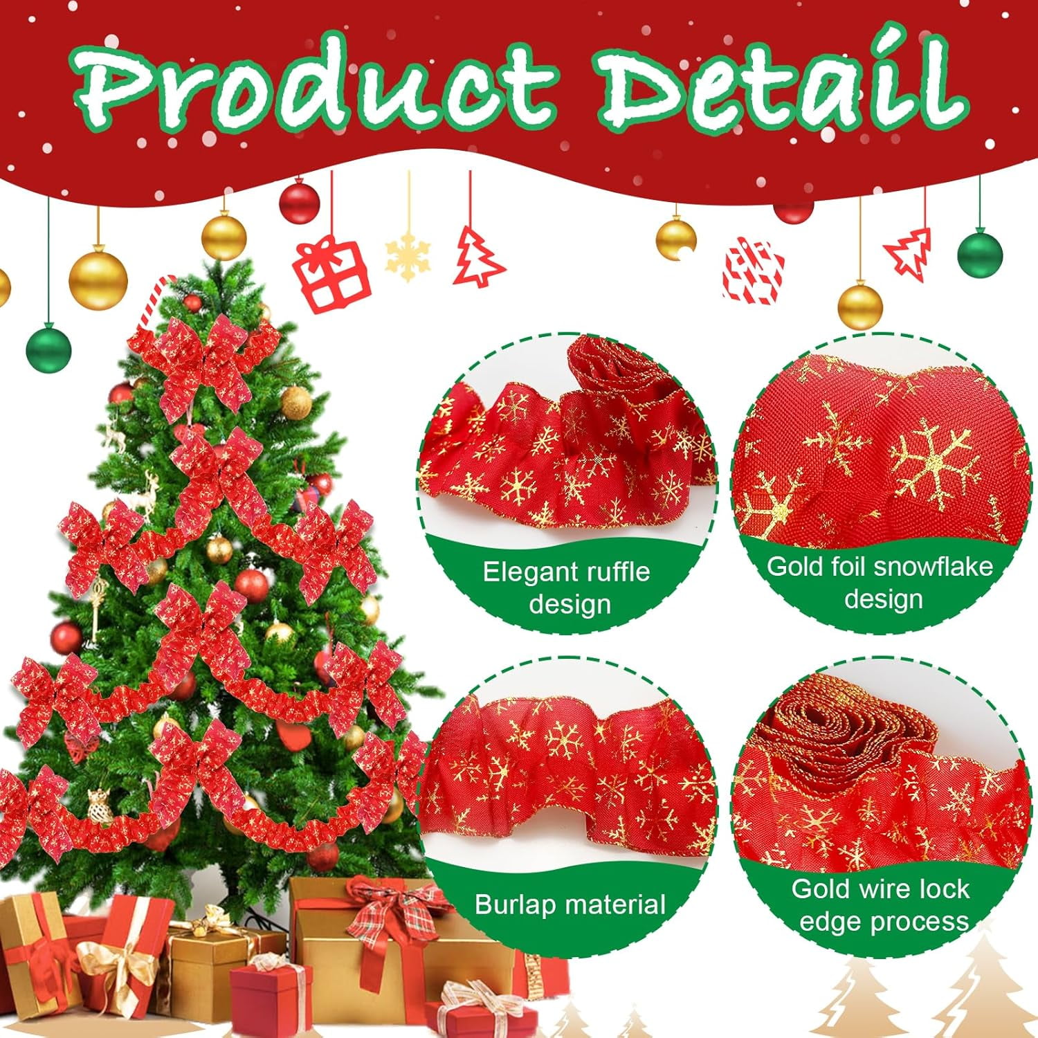 Dalrosia Christmas Tree Ribbon Garland Red and Green Polka Dot Ribbon Garland for Christmas Tree Burlap Ruffled Wired Ribbon Xmas Tree Garland Vintage Rustic Farmhouse Home Deco